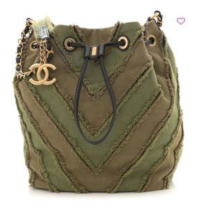 NWT Chanel Canvas Chevron Cuba Patchwork Bucket Bag Khaki